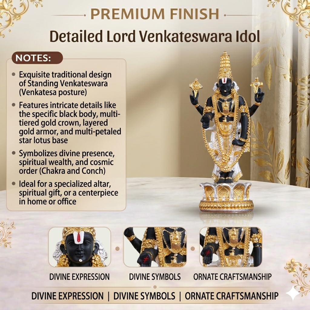 Divine Gold & Silver Plated Tirupati Balaji Idol - Handcrafted Venkateswara Statue with Shankh Chakra for Home Mandir