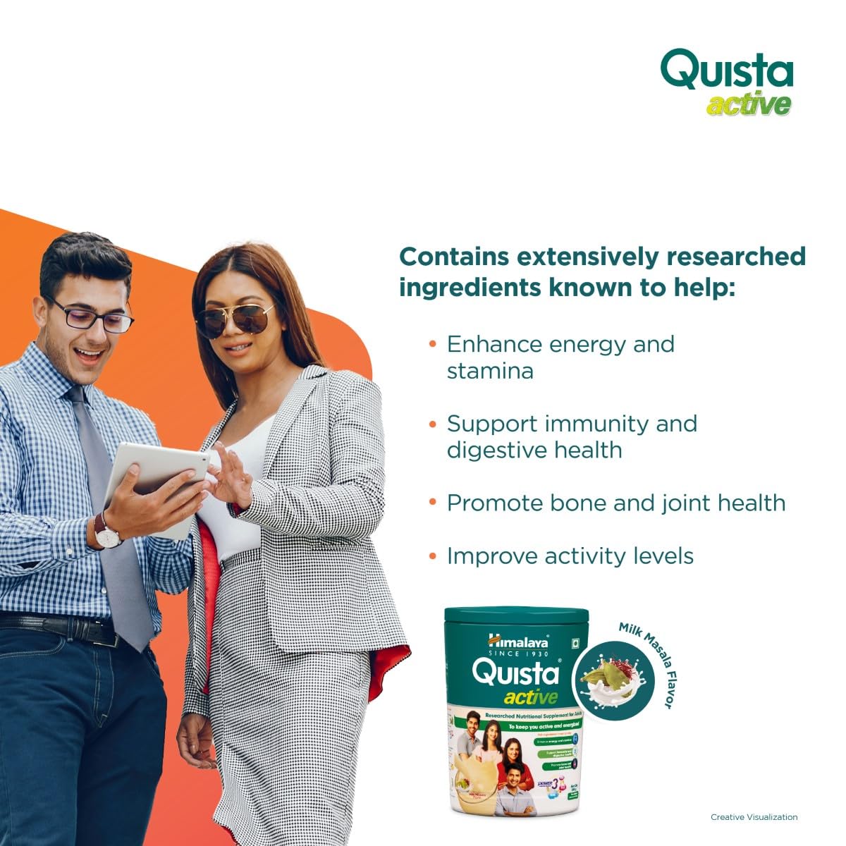 Advertisement for Quista Active with a man and woman using a tablet, featuring product packaging and health benefits text.