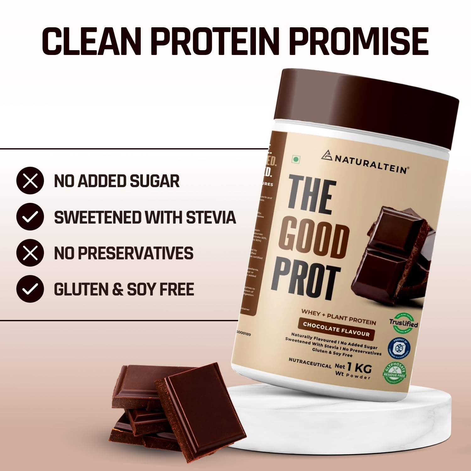 Protein powder container with chocolate pieces on a beige background, featuring 'The Good Prot' brand.