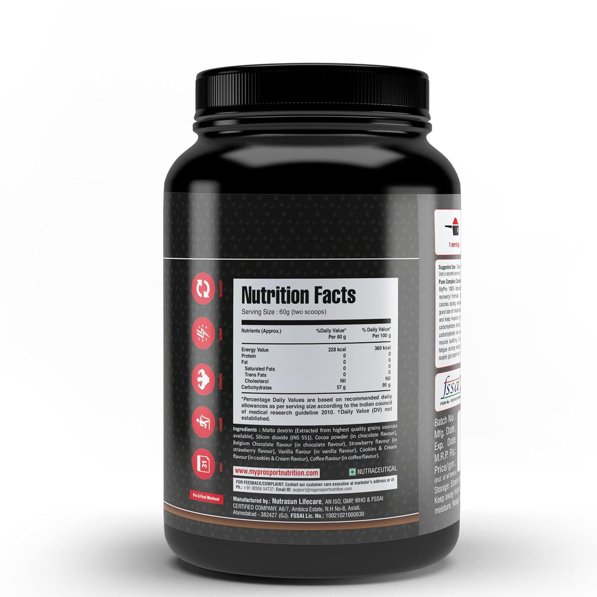Mypro Sport Nutrition Carb Powder Supplement | 2X Faster Muscle Fuel | Pre Workout & Post Workout | Carbohydrate Powder for Recovery, Endurance, Gain Muscle Mass Chocolate Flavour (1000 Gm- 2.2LBS)