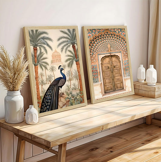 Peacock Painting For Wall Vastu, Madhubani Art Paintings, Floral Wall Painting for Living Room, Multicolor, Natural Wood Color Frames, Set of 2