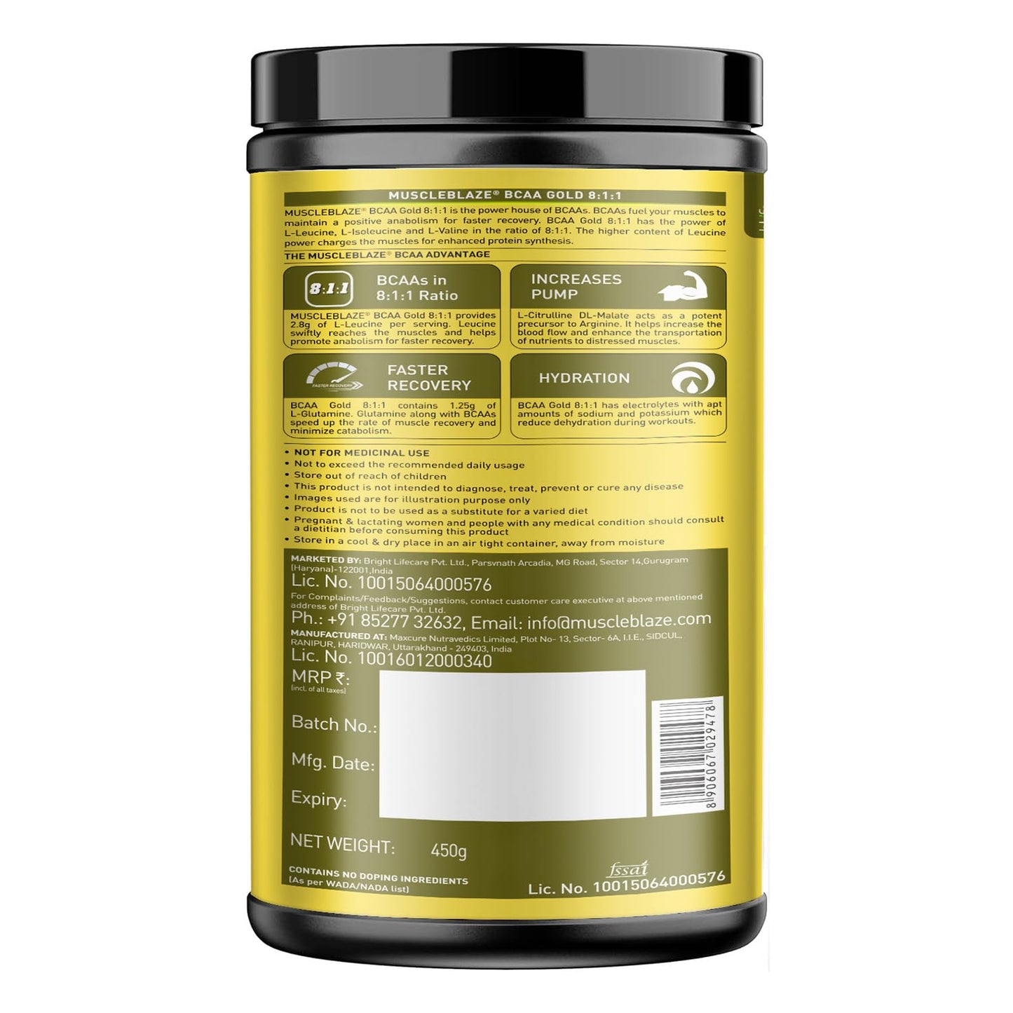 MuscleBlaze BCAA Gold 8:1:1 (450g, 60 Servings) | With Higher Leucine, Electrolytes & Glutamine