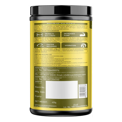 MuscleBlaze BCAA Gold 8:1:1 (450g, 60 Servings) | With Higher Leucine, Electrolytes & Glutamine