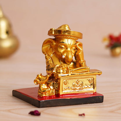 Golden Resin Munim Lord Ganesha Statue | God Idol for Office, Shop, Study Table, Home Temple, Car Dashboard | Ideal Gift for Ganesh Chaturthi, Birthdays, Diwali