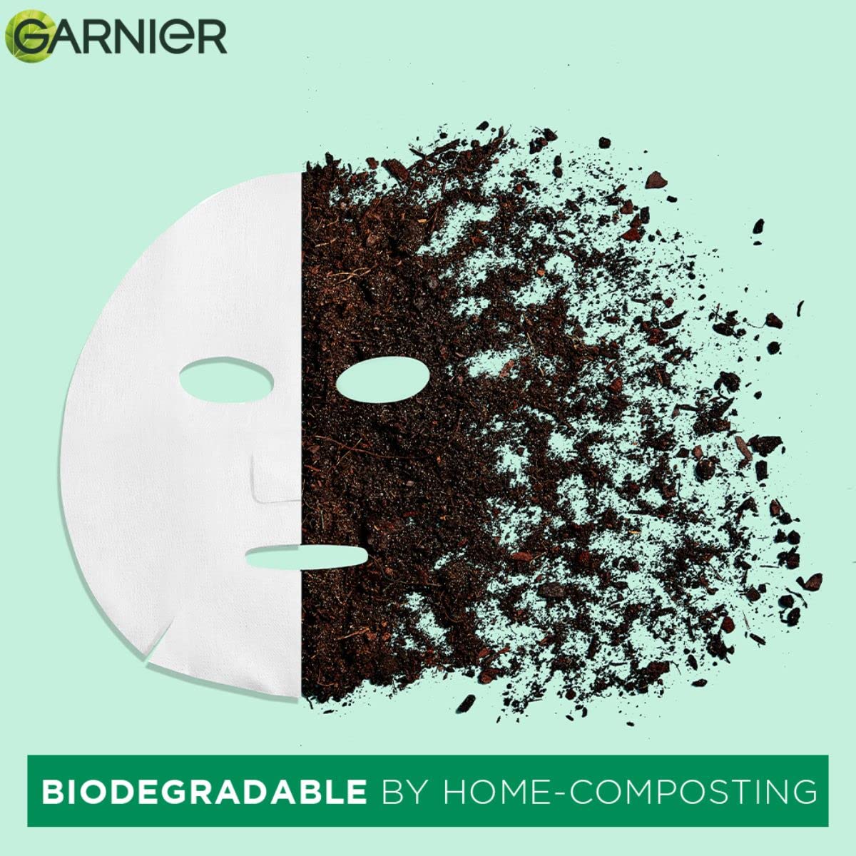 Garnier biodegradable mask with compostable material on a light green background