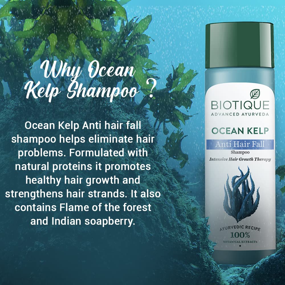 Biotique Ocean Kelp Anti Hair Fall Shampoo bottle with ocean-themed background