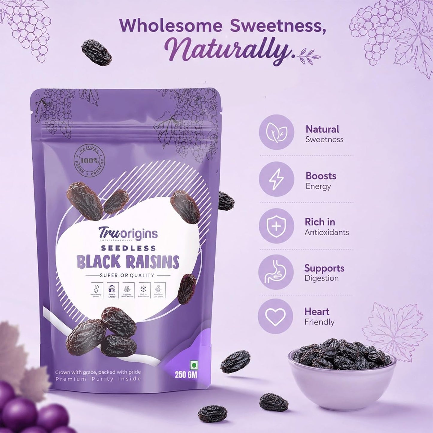 TruOrigins Seedless Black Raisins (Kishmish/Munakka) | 100% Natural & Sun Dried | Soft, Juicy & Handpicked | Premium Quality Raisins | Ethically Sourced | No Preservatives