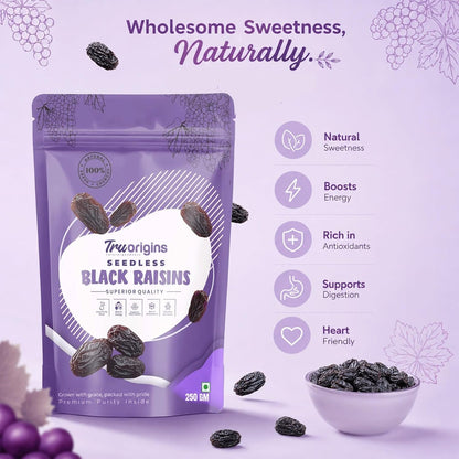 TruOrigins Seedless Black Raisins (Kishmish/Munakka) | 100% Natural & Sun Dried | Soft, Juicy & Handpicked | Premium Quality Raisins | Ethically Sourced | No Preservatives