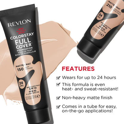 REVLON Colorstay Full Cover Foundation for woman, 24HRS Longwear + care, Vitamin E, Protects from Pollutions + Multimineral Powder, Sweat proof, Heat & Humidity Resistant, Natural Ochre (290)