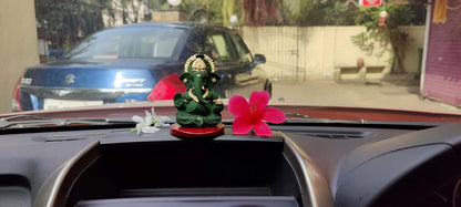 Handcrafted Poly Resin Ganesha Statue with Base - Perfect for Car Dashboard, Office Desk, Shelves, and Home Decor - Ideal Housewarming Gift! (ForestGreenMukut)