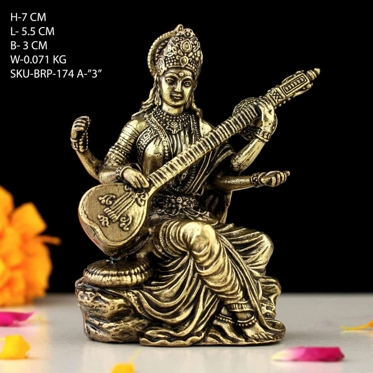 Handcrafted Brass Goddess Saraswati Statue for Home Temple | 3" Maa Saraswati Figurine Idol Murti Symbol of Learning & Creativity (Weight- 80gm)