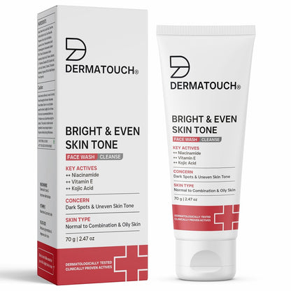 DERMATOUCH Bright & Even Tone Face Wash with Niacinamide, Vitamin E and Kojic Acid | Daily Gentle Face Cleanser For Tan, Pigmentation, Uneven Tone, Dark Spot Removal - 70G