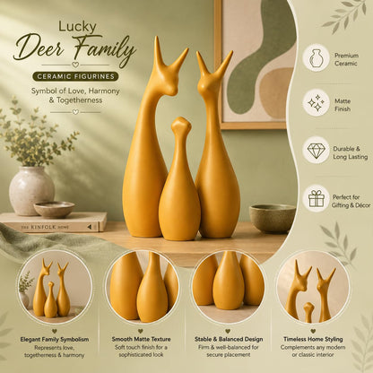 Home Decor Lucky Deer Family Ceramic Figurine (Set of 3, Gold Matte)