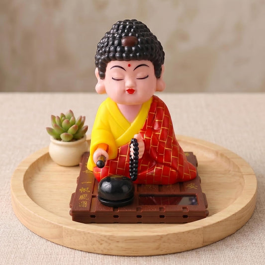 Cute Solar Feng Shui Laughing Buddha Idol for Car Dashboard & Home Dcor, Good Luck Gift, Red Yellow Multicolor, Size L