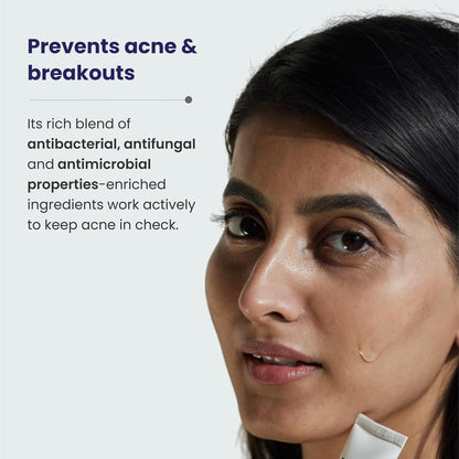 Woman applying skincare product with text about preventing acne and breakouts.