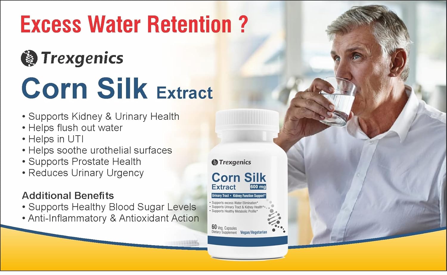 Advertisement for Trexegenics Corn Silk Extract with a man drinking water.