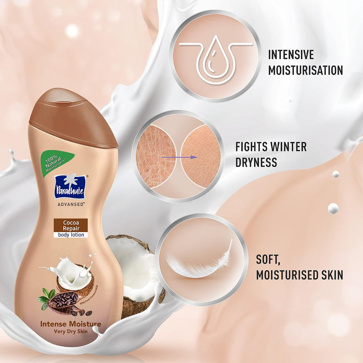 Parachute Advansed Cocoa Repair Body Lotion with Pure Coconut Milk & Cocoa Butter | 10 Layer Deep Action | 72 Hr | Moisturizer | Intense Repair for Extra Dry Skin | For Women | 400ml | For Winter | Daily Use