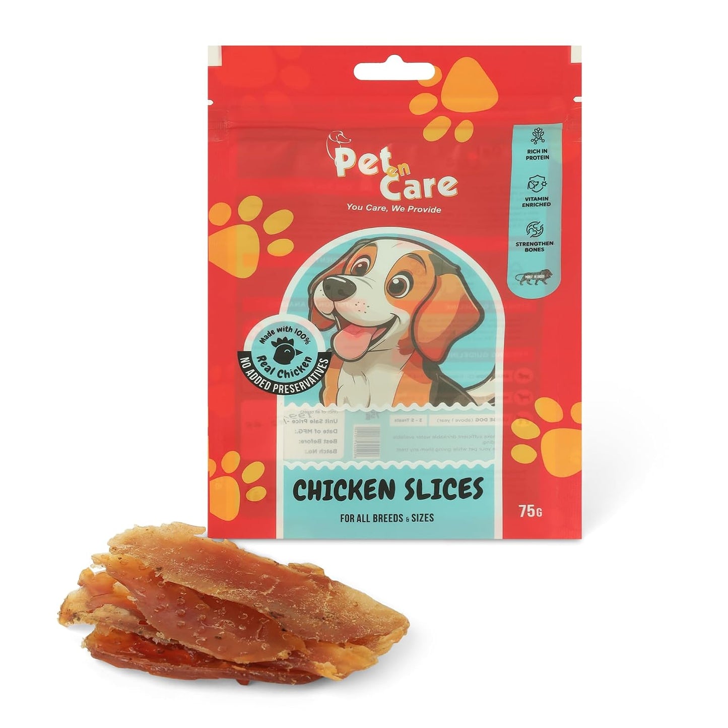 Pet en Care Chicken Slices Dog Treats, 75g Chicken | Vitamin Enriched | All Breed and Sizes