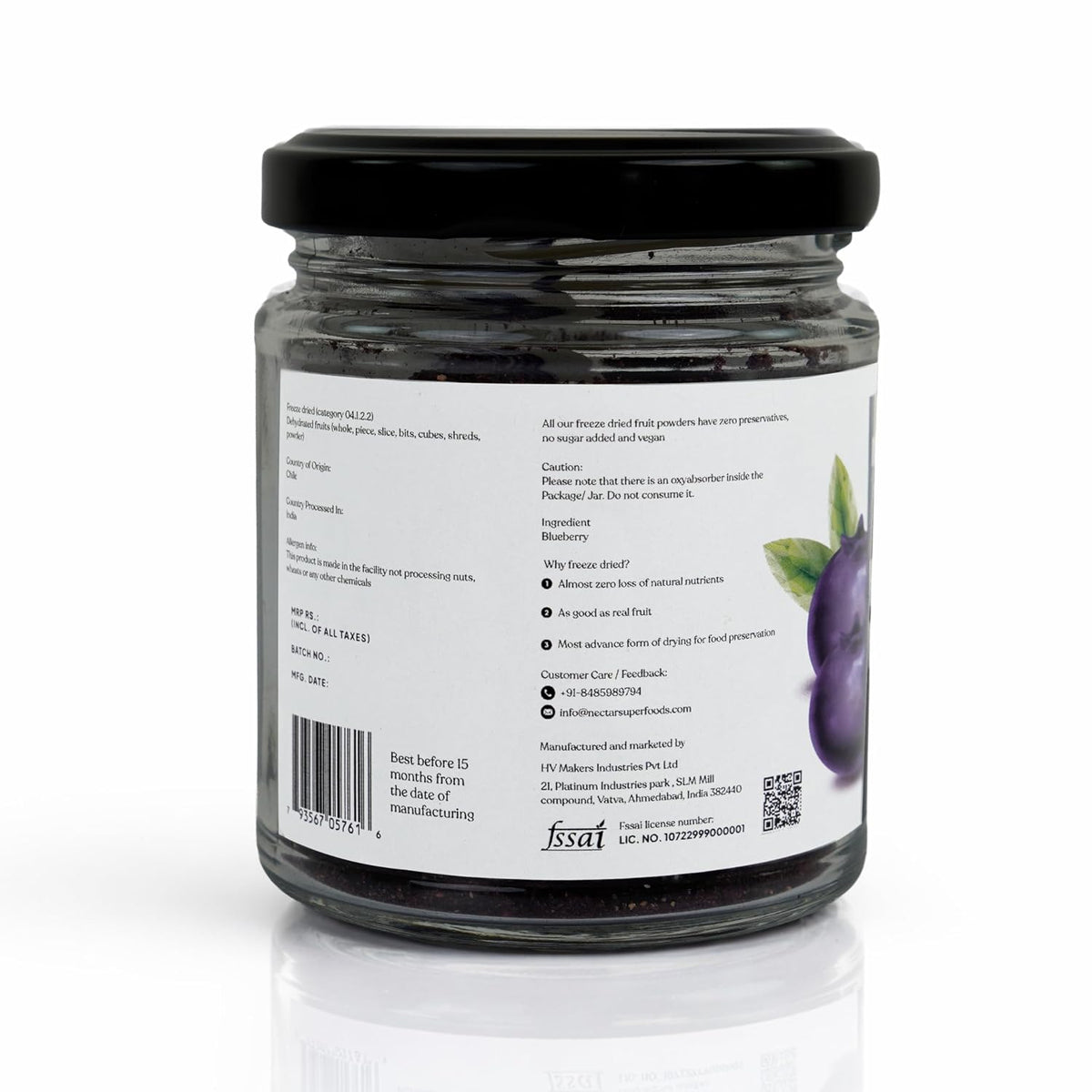Nectar superfood Freeze Dried Blueberry Powder - 60 grams Jar-Pack of 1 Nos 100% Natural | No Added Sugar, Preservative-Free & Vegan | Processed in India