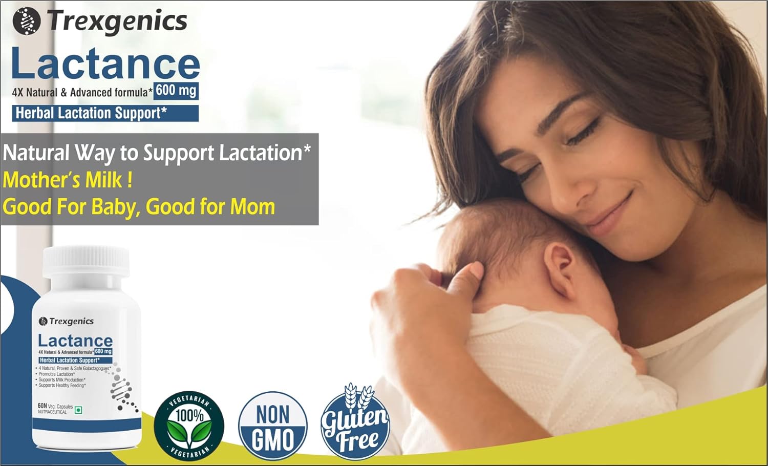Advertisement for Trexegenics Lactance with a woman holding a baby and product packaging.