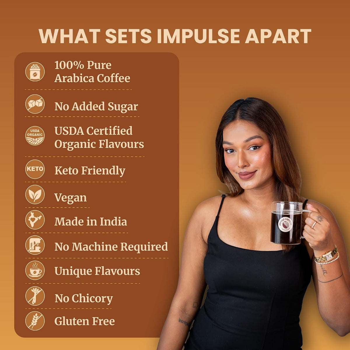 Impulse Coffees - Caramel Flavoured Instant Coffee Powder | Premium Freeze Dried Arabica Caramel Coffee Powder | Smooth Instant Coffee, Hot & Cold, 50g