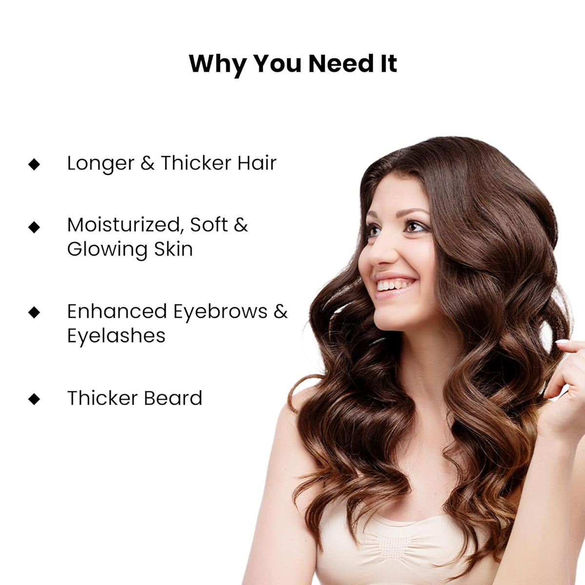 Woman with long, wavy hair and a list of benefits on a white background