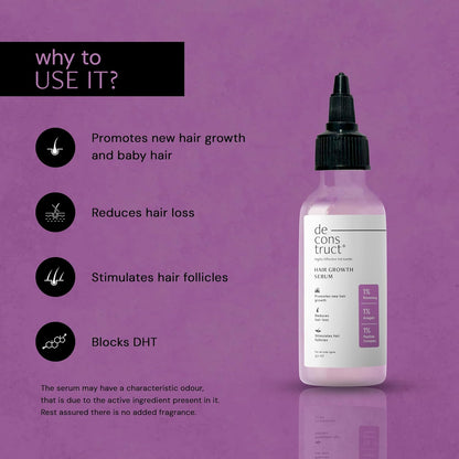 Hair growth serum bottle with benefits listed on a purple background