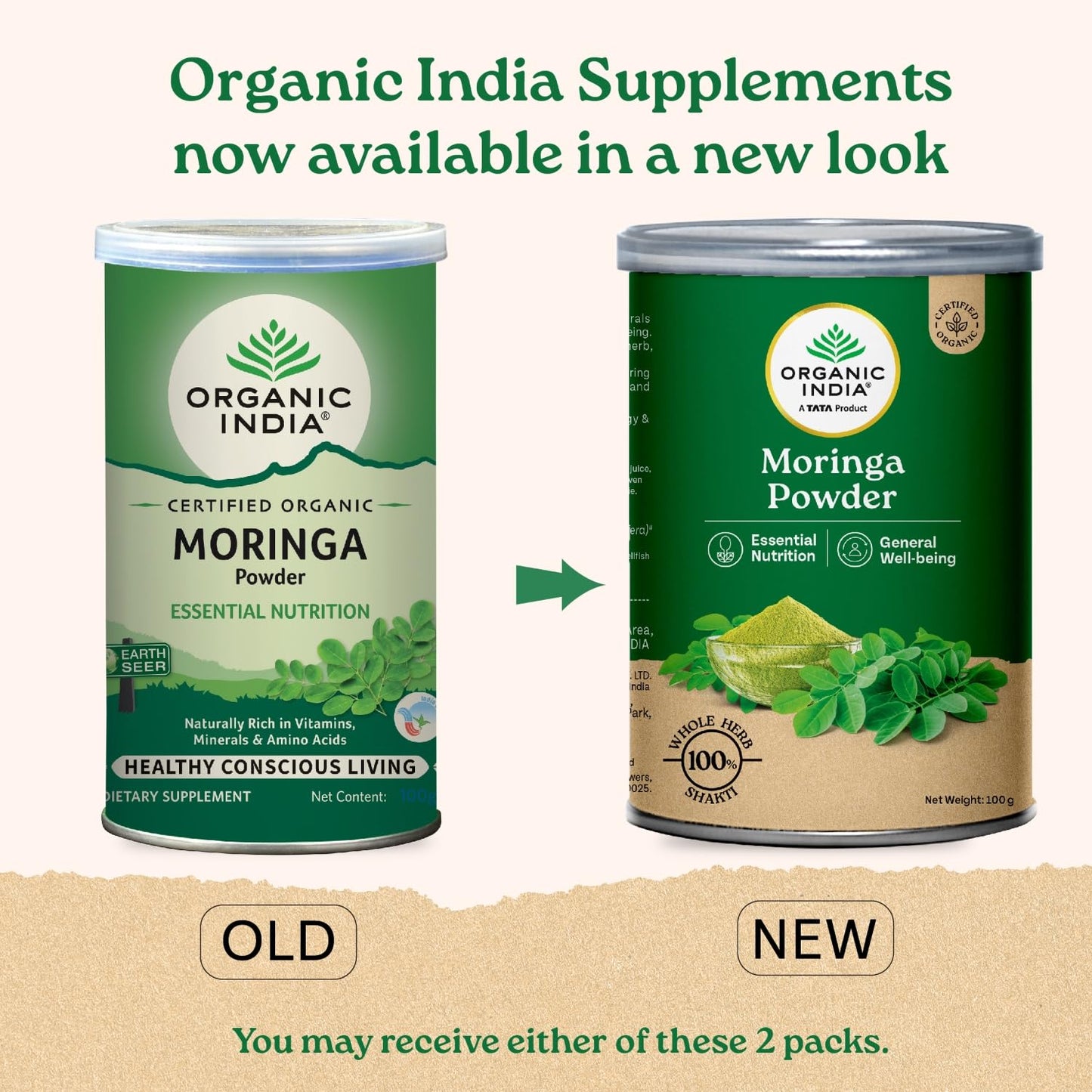 Comparison of Organic India Moringa Powder can labels, old and new design.