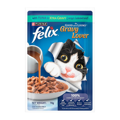 Purina Felix Tuna Gravy Lover, Wet Food for Adult Cats, 70g Pouch | With Tuna in Gravy, Tasty Meaty Chunks, 100% Complete & Balanced Nutrition, Vitamins D & E, Omega 6, Essential Minerals