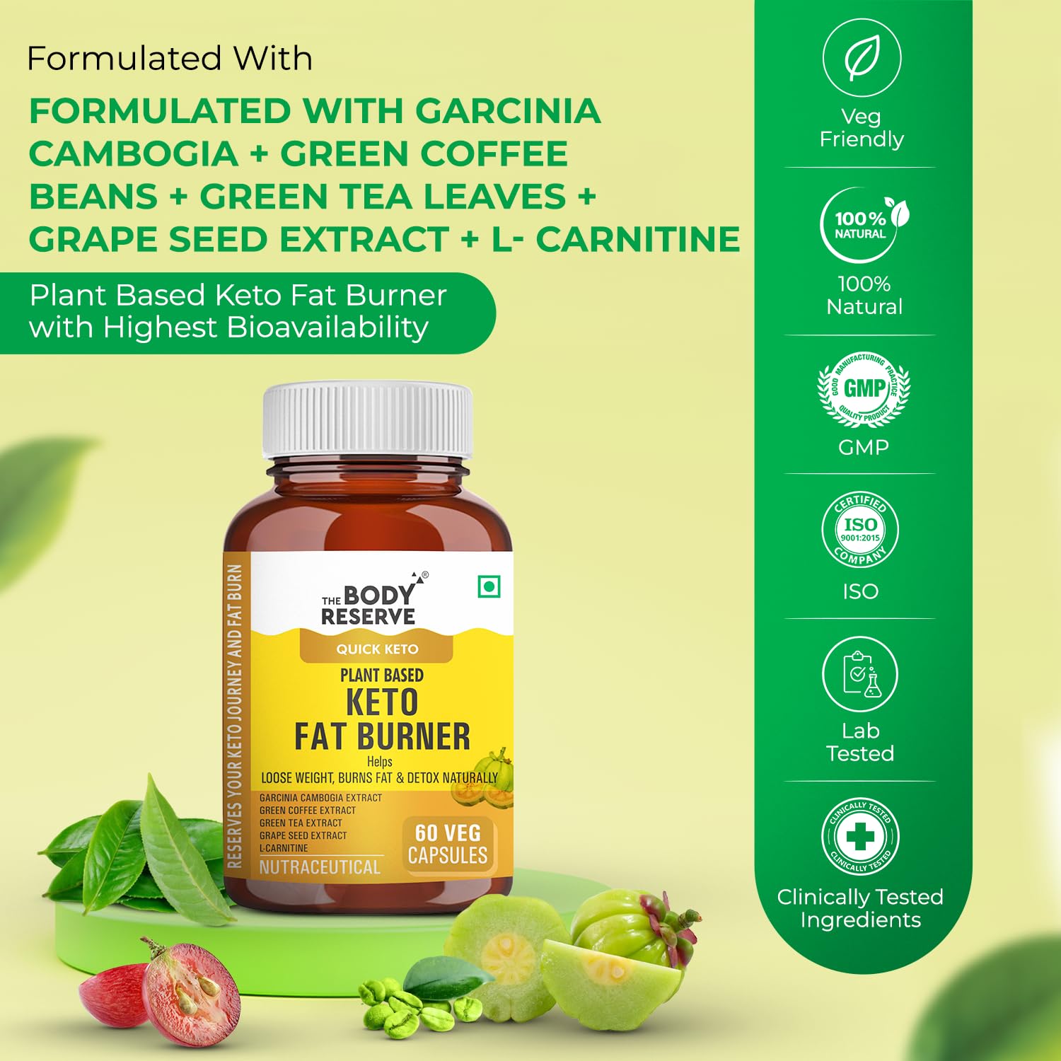 Body Reserve plant-based keto fat burner supplement bottle with green background and product details.