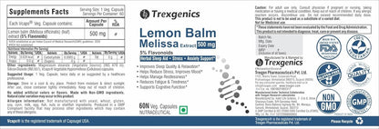 Trexgenics LEMON BALM 5% Flavonoids 500 mg Sleep, Relaxation, Mood Support VEGAN & NON-GMO (60 Veg. Capsules) (Pack of 1)