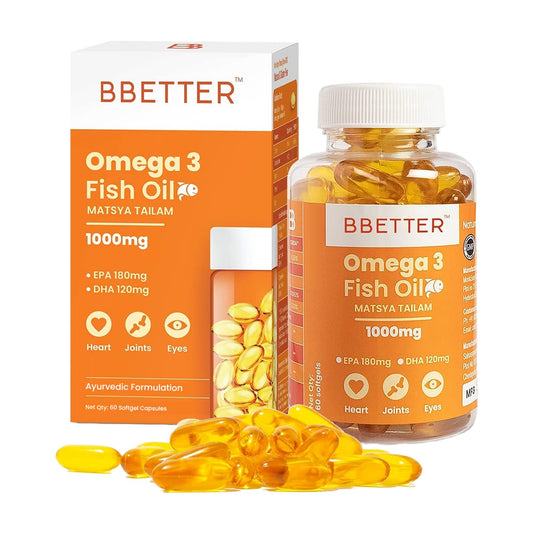 BBETTER Omega 3 Fish Oil Capsules 1000mg | Lab Tested Fish Oil Capsules | Lab Report Attached |High Absorption for Heart, Joints, Eyes & Brain | No Fishy Burps |180 EPA :120 DHA | 60 Softgels