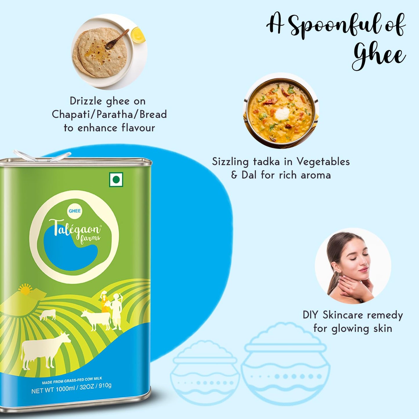 Talegaon Farms Premium Cow Ghee | Pure Desi Ghee | Traditional & Cultured | Vedic Bilona Method | Natural, Lactose-Free & Gluten-Free | Fresh, Healthy & Lab Tested | Tin Pack