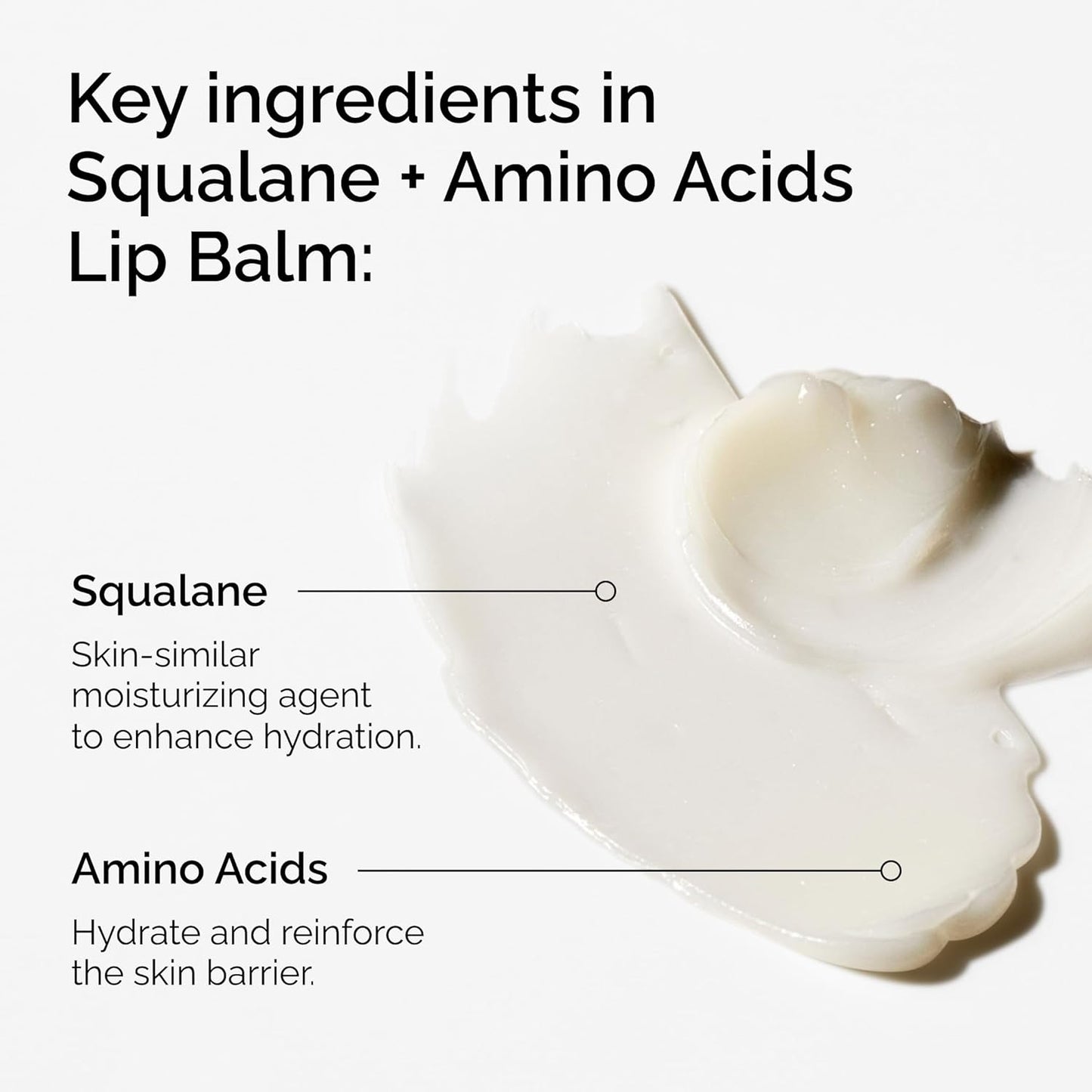 Lip balm with text detailing key ingredients: squalane and amino acids.