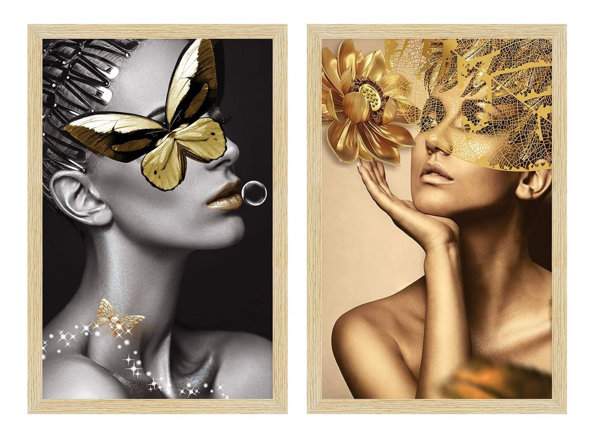Women Aesthetic Wall Decor Paintings with Frame for Home Decoration, Painting for Living Room Bedroom Office, Wall Decor For Living Room, Set Of 2