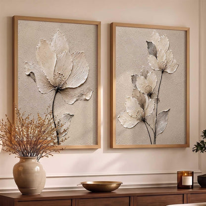 2 Piece Framed Wall Art Set, 3D Textured Floral Botanical Painting, Modern Abstract Flower Wall Decor for Living Room, Bedroom, Dining Room & Office, Brown Frame, 13 x 19 Inch, Ready to Hang, Housewarming Gift