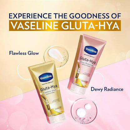 Vaseline Gluta-Hya skincare products on a pink and beige background with text highlighting product types.