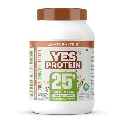 Protein powder container with 'Yes Protein' branding on a white background