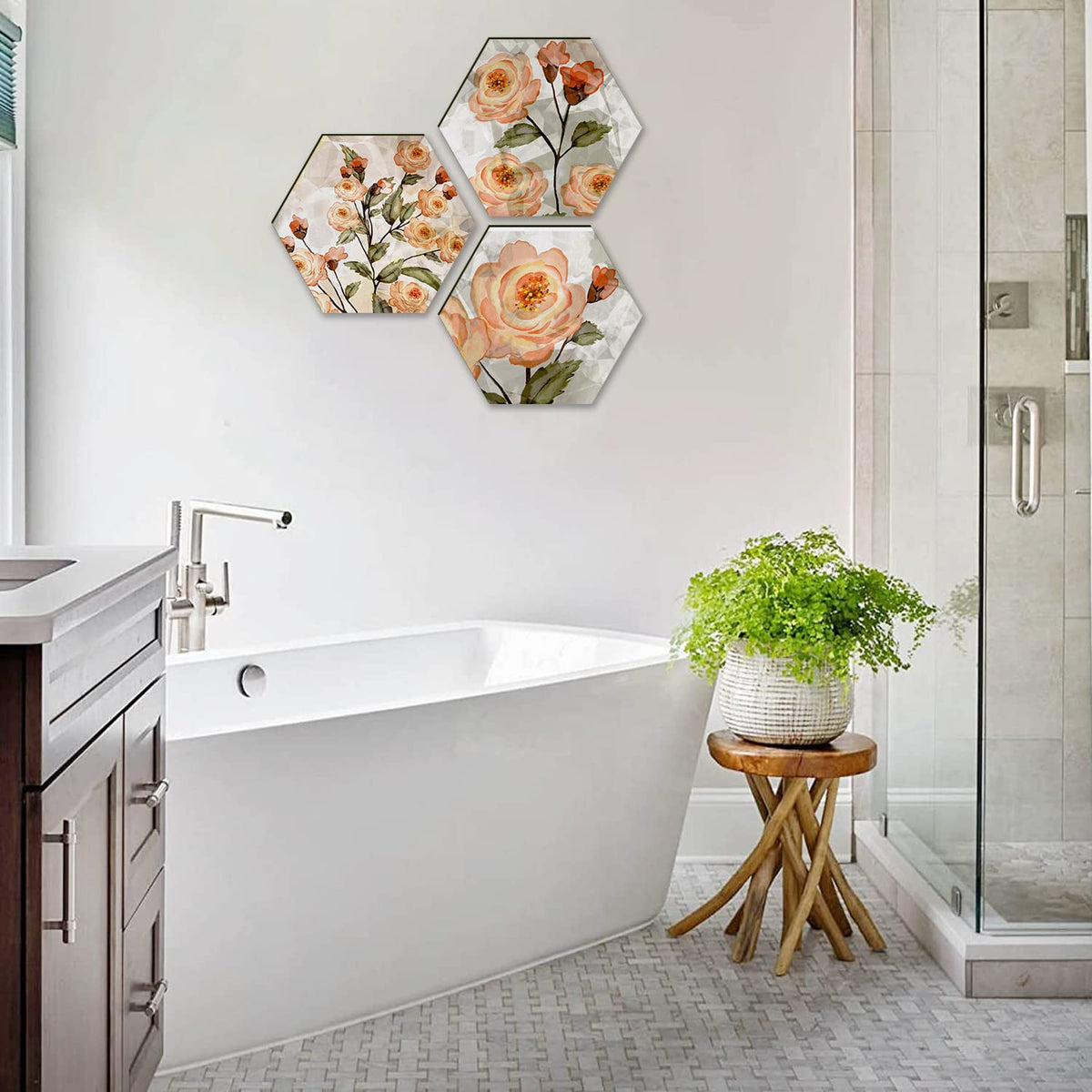 Floral Wall Painting For Living Room Hexagonal Set of 3 (F)