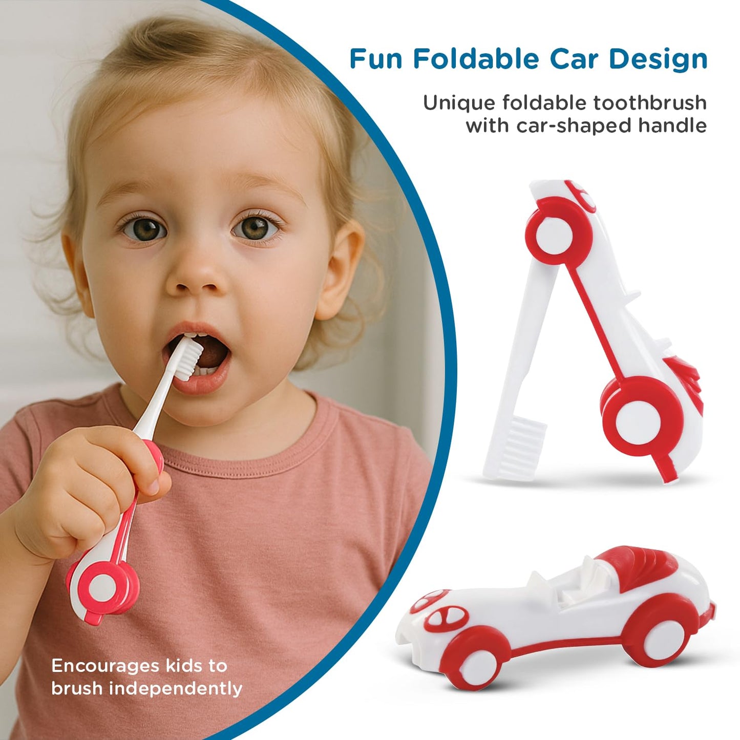 Mee Mee Kids Toothbrush & Toothpaste Combo | For Babies & Toddlers (6 Months–3 Years) | Fluoride-Free, Safe to Swallow, Strawberry Flavour, Soft Bristles, Foldable Car-Shaped Brush (Red)