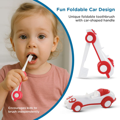 Mee Mee Kids Toothbrush & Toothpaste Combo | For Babies & Toddlers (6 Months–3 Years) | Fluoride-Free, Safe to Swallow, Strawberry Flavour, Soft Bristles, Foldable Car-Shaped Brush (Red)