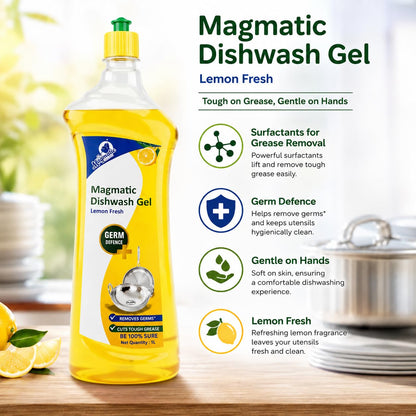 Magmatic Dishwash Liquid Gel | Lemon Fresh – Tough Grease & Oil Remover | Germ Protection Formula | Kitchen Utensil Cleaner | 1L