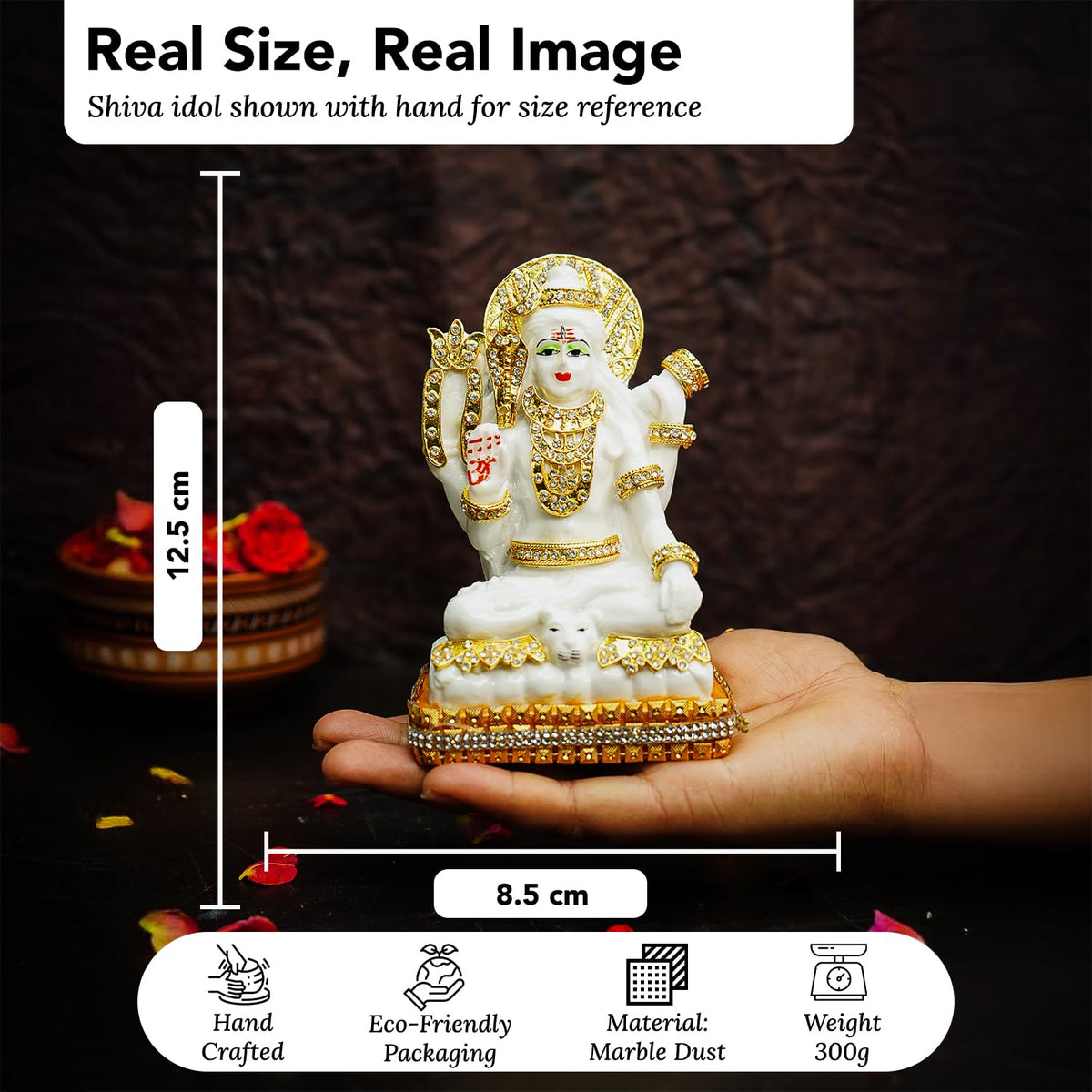 White Marble Dust Lord Shiva Idol for Home (5 inch) | Jewellery Embellished Lord Siva Statue for Pooja Room, Home Decor and Office Desk | Resin Shiv Ji Murti | Sitting Bholenath Murti for Gift