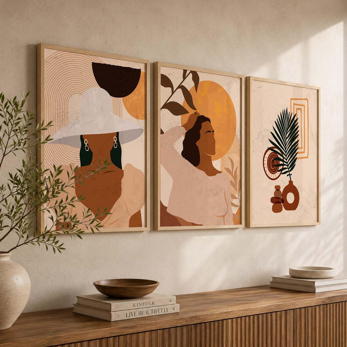 Decorative Modern Wall Art Home Decor Boho Painting poster With Frame For Living Room Bed Room Hotel Wall Decor Digital Reprint Set of 3 (13x17 inch)