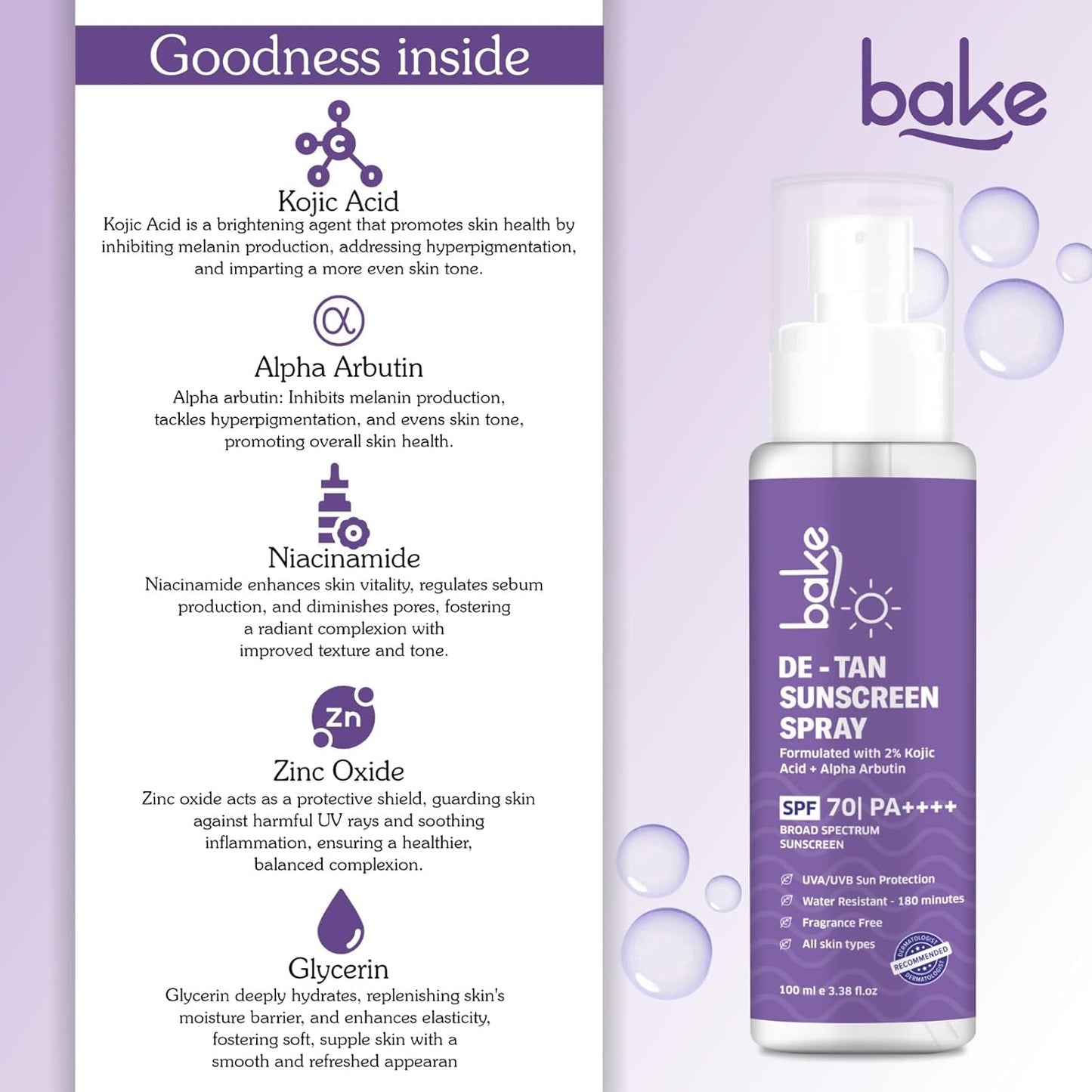 BAKE Spf 70 Sunscreen Spray Pa++++|Waterproof - 180 Minutes|With 2% Kojic Acid & Alpha Arbutin,Sweat Resistant|For Tan Removal,Pigmentation & Uva/B Sun Protection|No Whitecast,Lightweight - 100Ml,All