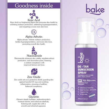 BAKE Spf 70 Sunscreen Spray Pa++++|Waterproof - 180 Minutes|With 2% Kojic Acid & Alpha Arbutin,Sweat Resistant|For Tan Removal,Pigmentation & Uva/B Sun Protection|No Whitecast,Lightweight - 100Ml,All