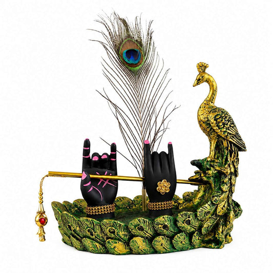 THE SACRED GIFTS Mor Krishna Hand Showpiece with Peacock Feather & Golden Peacock | Spiritual Home Décor for Living Room, Office, Temple | Ideal Gift for Janmashtami & Diwali Brand