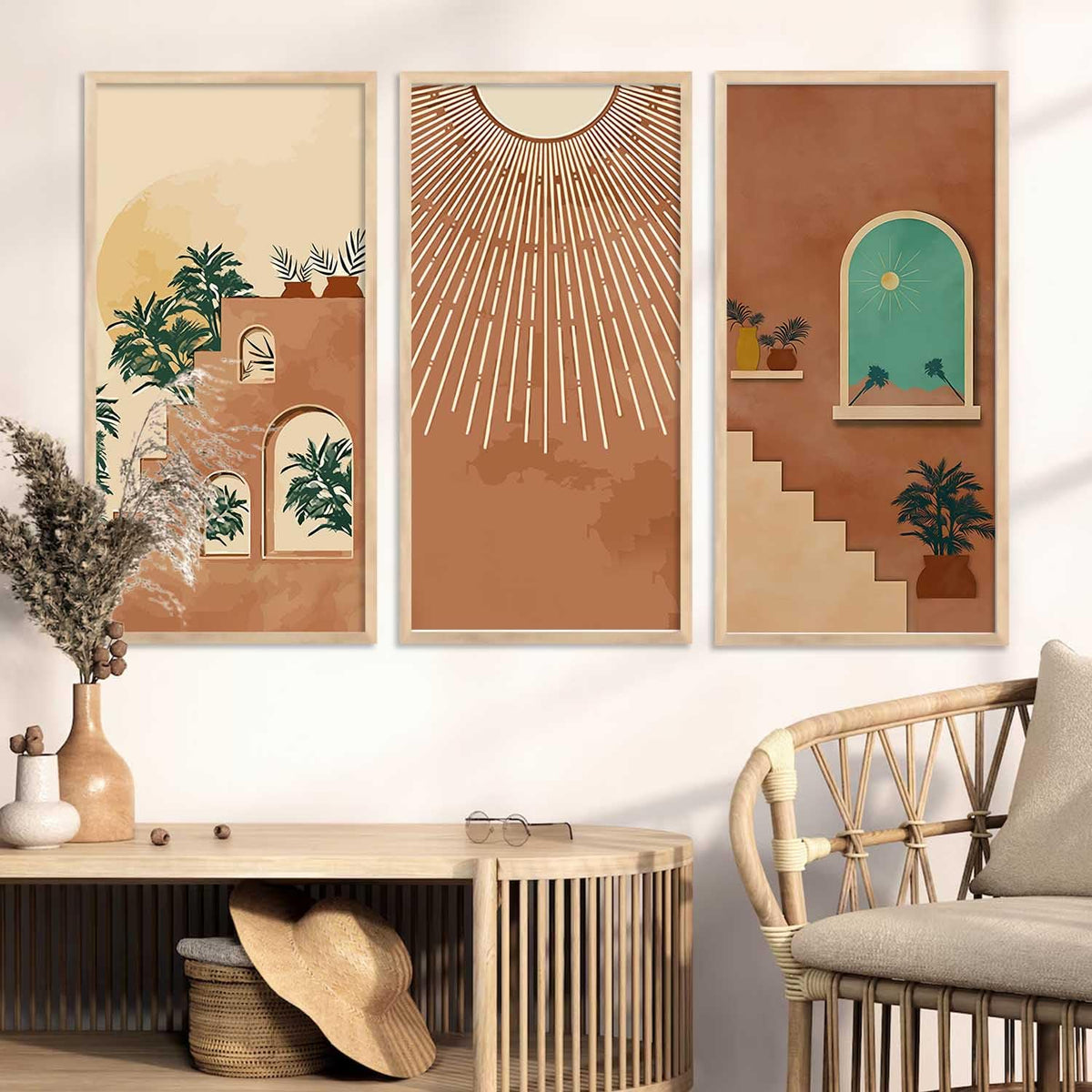 Boho Decorative Modern Wall Art Print With Frame Abstract Paintings For Living Room Bed Room Hotel Wall Decor Digital Reprint Engineered Wood Set of 3 (Art 4, 10x19 inch)