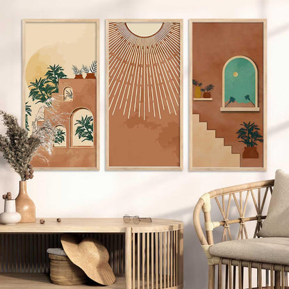 Boho Decorative Modern Wall Art Print With Frame Abstract Paintings For Living Room Bed Room Hotel Wall Decor Digital Reprint Engineered Wood Set of 3 (Art 4, 10x19 inch)