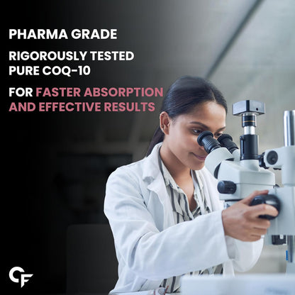 Person in a lab coat using a microscope with promotional text about 'Pharma Grade' COQ-10.